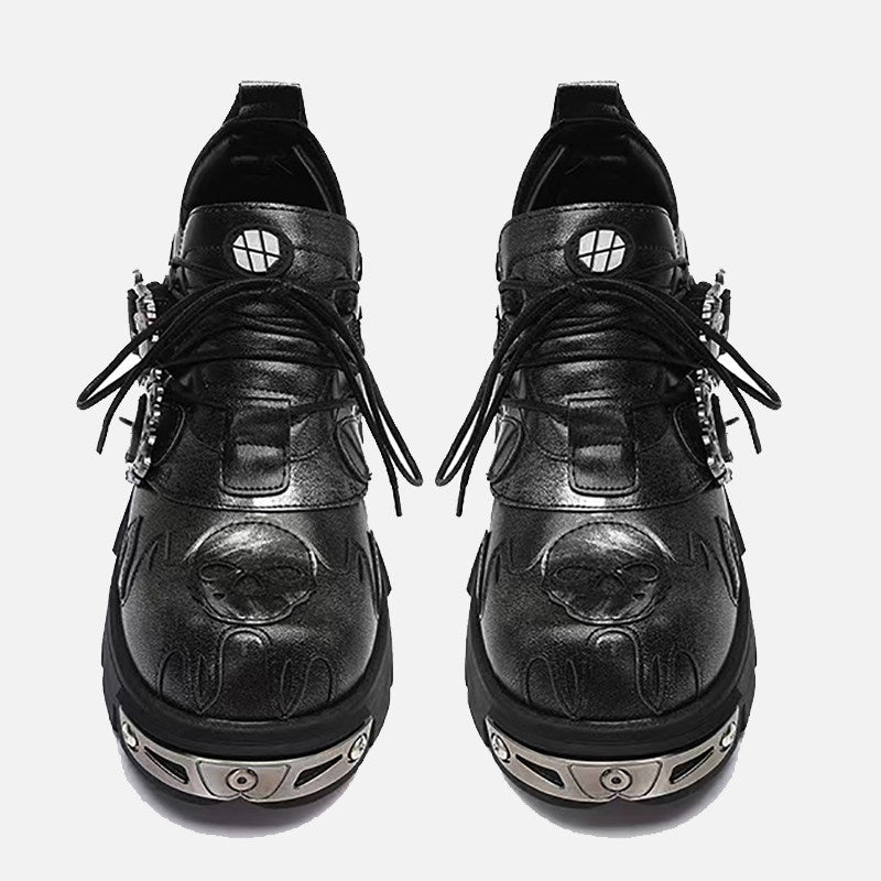 Erabyte dark punk little leather shoes featuring a sleek black design, textured detailing, and bold hardware accents.
