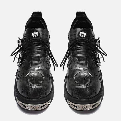 Erabyte dark punk little leather shoes featuring a sleek black design, textured detailing, and bold hardware accents.
