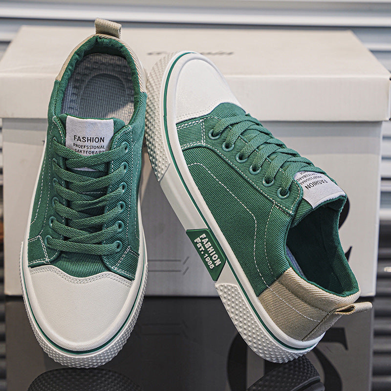 Men's Breathable Canvas Skate Shoes by Erabyte in green and beige with white soles, displayed on a box.