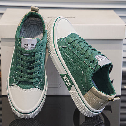 Men's Breathable Canvas Skate Shoes by Erabyte in green and beige with white soles, displayed on a box.