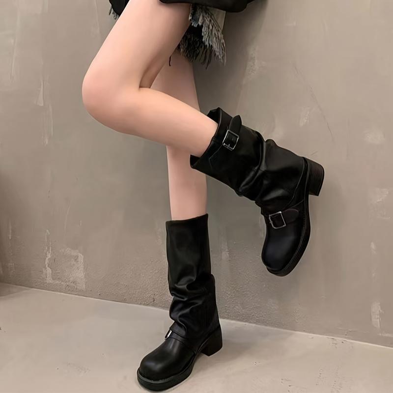 Belt buckle pleated leather boots