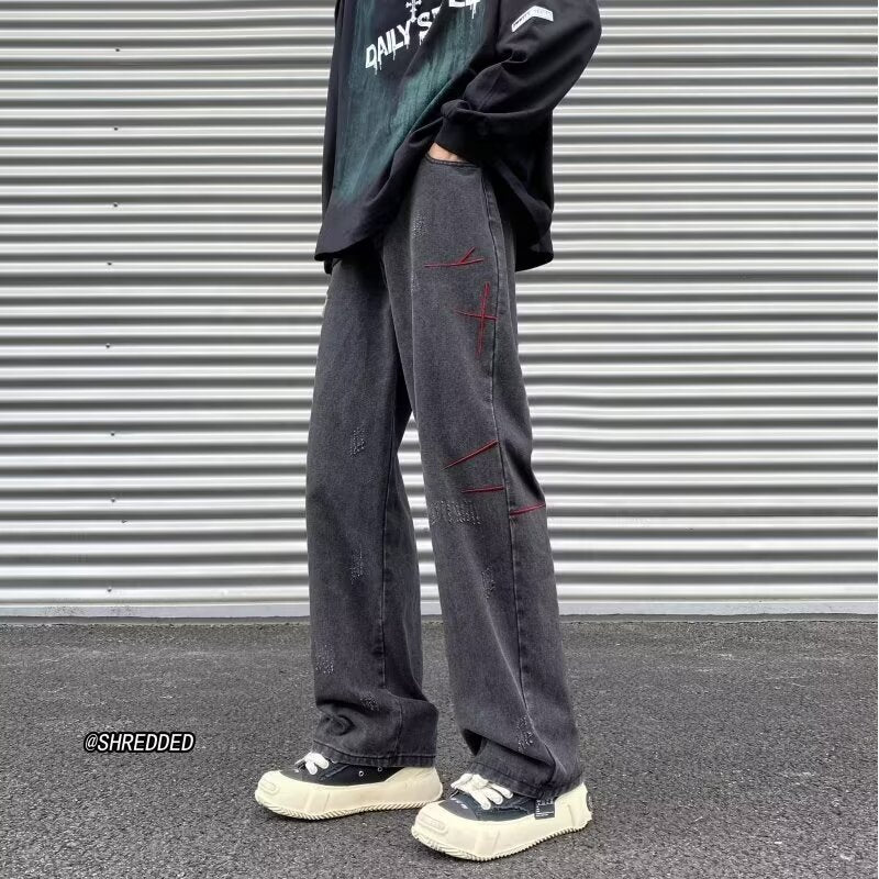 Embroidered Loose Straight Jeans