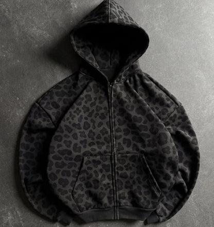 Retro Leopard Print Zip Up Hoodie
