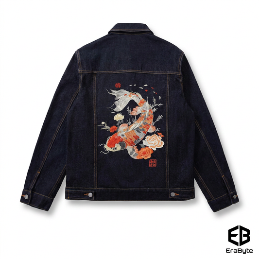 Embroidery Denim Jacket Retro Loose Fit by Erabyte featuring a colorful koi fish and floral design on the back.