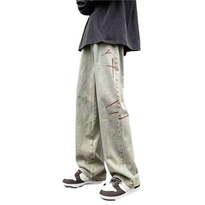 Embroidered Loose Straight Jeans
