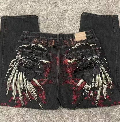 Gothic Print Wide-Leg Jeans