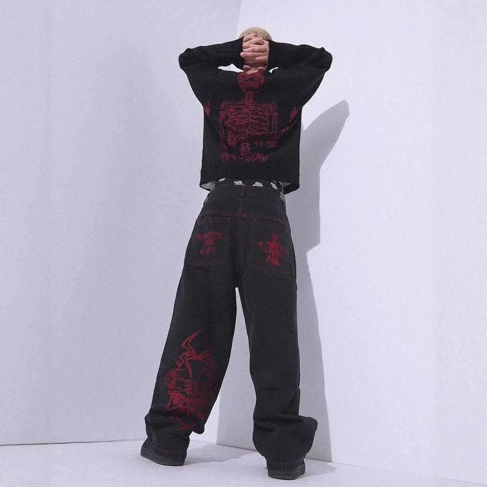 Skull Embroidered Washed Jeans