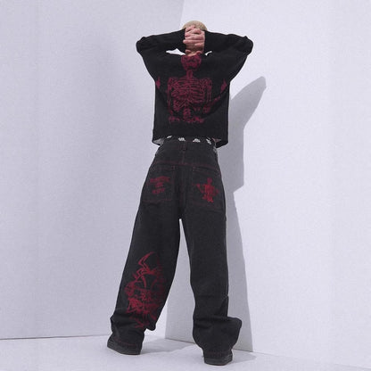 Skull Embroidered Washed Jeans