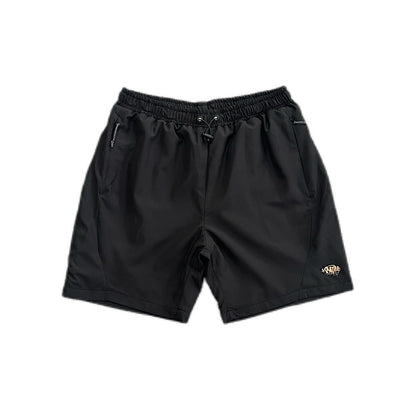 Erabyte Vortex Track Shorts in black, featuring an elastic waistband, side pockets, and a logo on the lower leg.