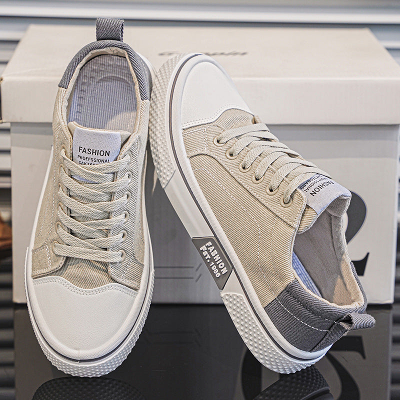 Men's Breathable Canvas Skate Shoes by Erabyte in beige and gray, featuring a lace-up design and textured sole.