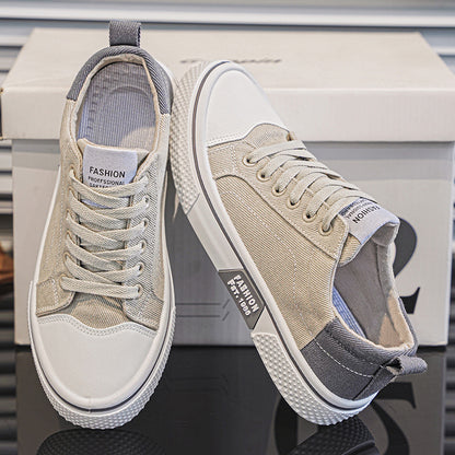 Men's Breathable Canvas Skate Shoes by Erabyte in beige and gray, featuring a lace-up design and textured sole.