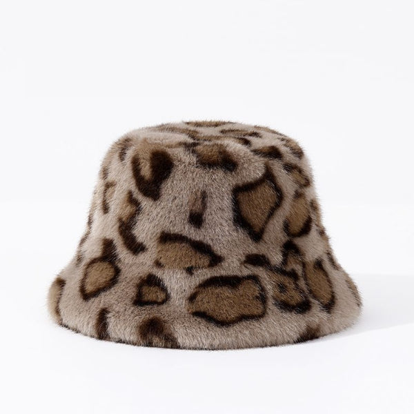 Women Retro Leopard Print Plush Fisherman Hat Warm Sun Hat