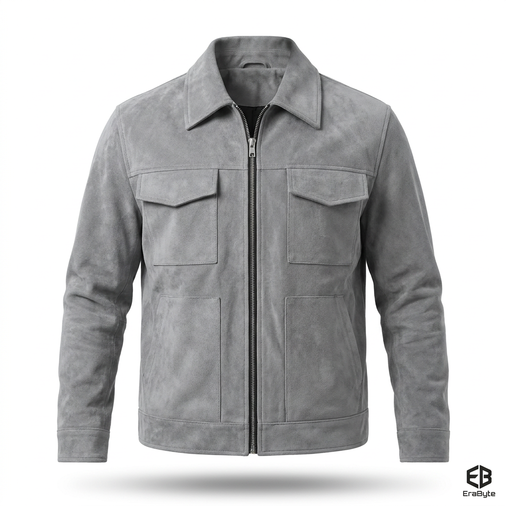Gray suede zipper pocket jacket by Erabyte featuring a collared neckline and two front pockets.