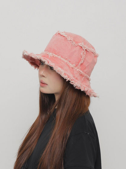 Distressed Denim Wide-Brim Bucket Hat