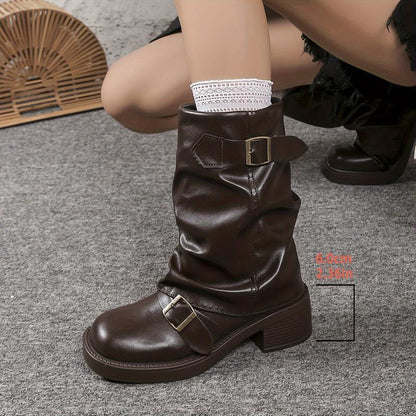 Belt buckle pleated leather boots