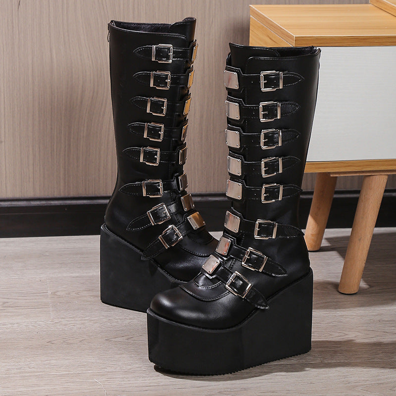 Erabyte punk boots featuring a tall platform, multiple silver buckles, and a sleek black design. Ideal for edgy fashion.