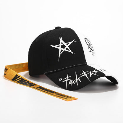 Erabyte Hat Man Baseball Cap features a black and white design with star graphics and a yellow strap.