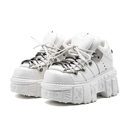 Erabyte extra-thick bottom punk boots in white, featuring chunky soles, silver accents, and lace-up design.