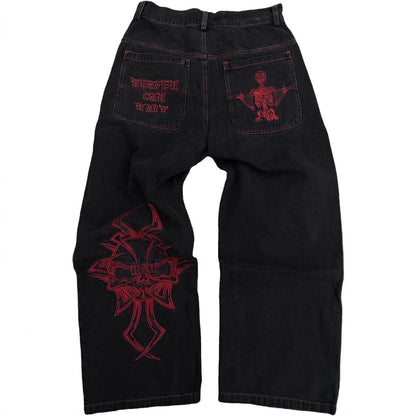Skull Embroidered Washed Jeans