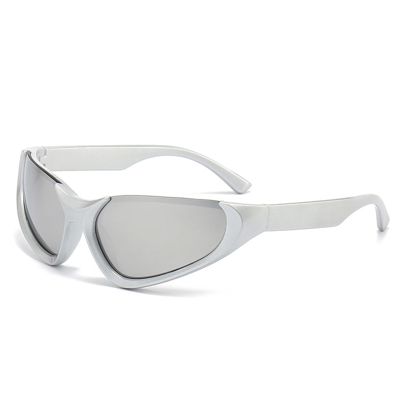 Erabyte Punk Style Half Frame Sunglasses in white with mirrored lenses, designed for outdoor cycling.