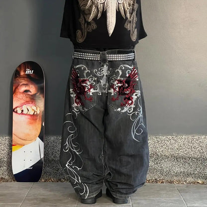 Gothic Print Wide-Leg Jeans