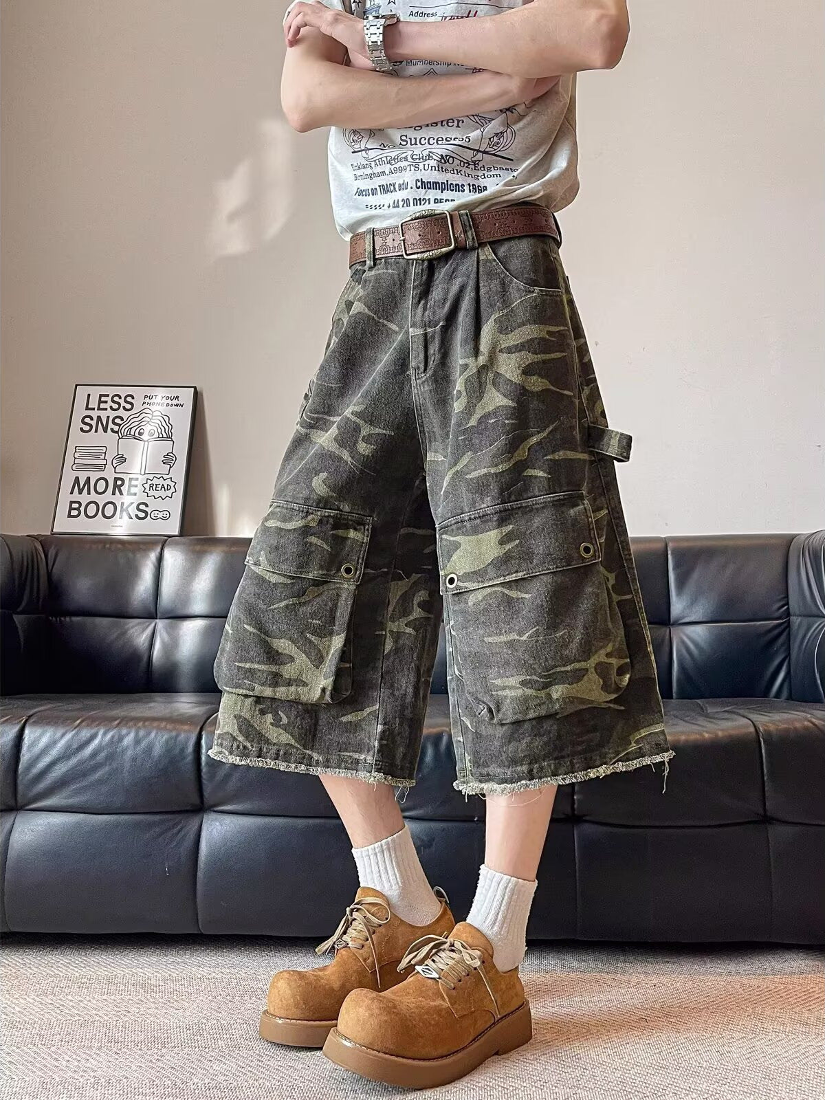 Retro Camouflage Ripped Cropped Jeans