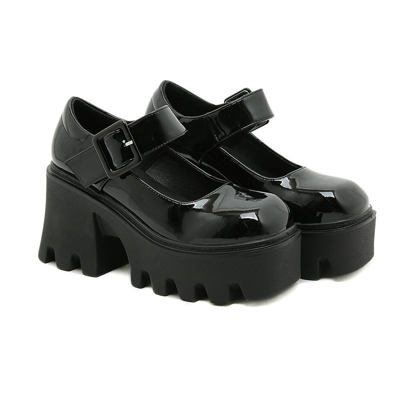 Erabyte Mary Jane Platform Heeled Shoes for Women, featuring black patent leather, buckle strap, and chunky platform sole.