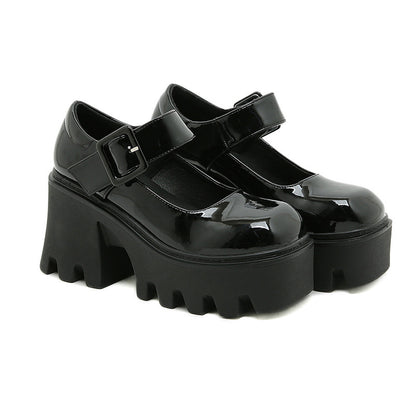 Erabyte Mary Jane Platform Heeled Shoes for Women, featuring black patent leather, buckle strap, and chunky platform sole.