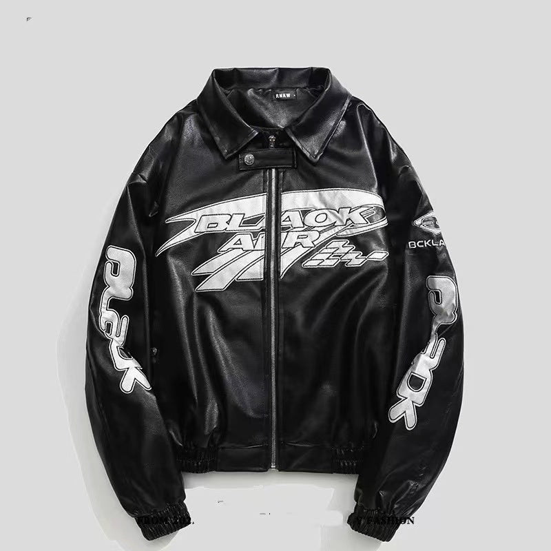 Embroidered Oversized PU Leather Jacket