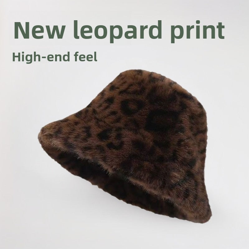 Women Retro Leopard Print Plush Fisherman Hat Warm Sun Hat