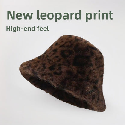 Women Retro Leopard Print Plush Fisherman Hat Warm Sun Hat