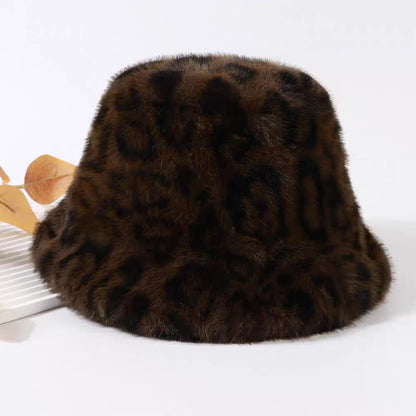 Women Retro Leopard Print Plush Fisherman Hat Warm Sun Hat