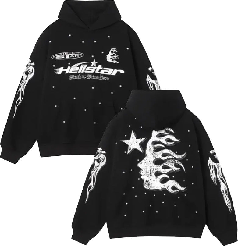 Black Punk Graphic Hoodie Sweatshirt by Erabyte featuring bold white graphics, flames, and star designs on front and back.
