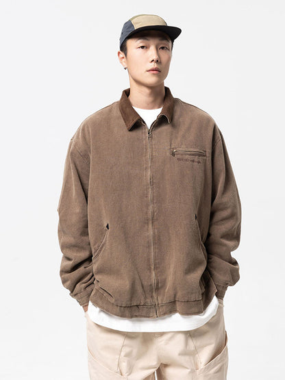 Erabyte Vintage Washed Lapel Casual Jacket for Men, brown, featuring a zip pocket and relaxed fit, styled with a cap.