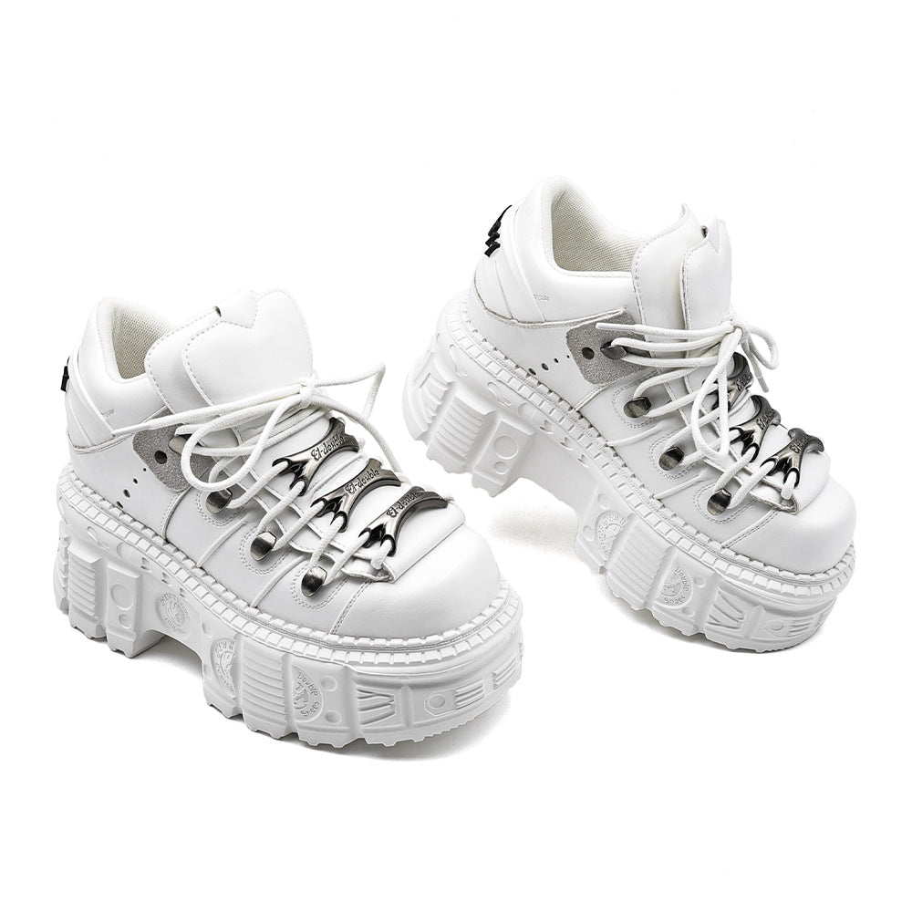 Extra-thick bottom punk boots by Erabyte in white, featuring chunky soles and metallic laces for a bold style.