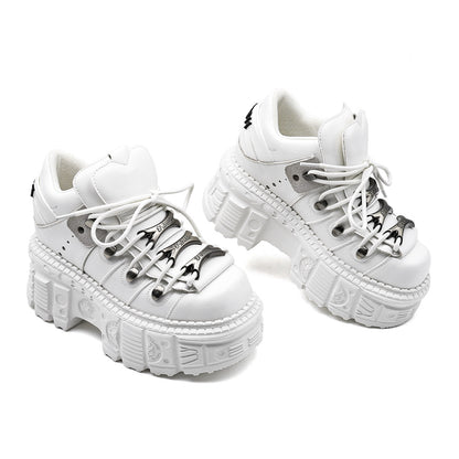 Extra-thick bottom punk boots by Erabyte in white, featuring chunky soles and metallic laces for a bold style.