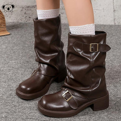 Belt buckle pleated leather boots