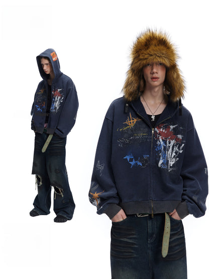 Oversized Graffiti Hooded Cardigan