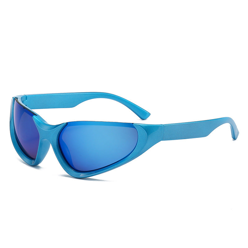 Erabyte Punk Style Half Frame Sunglasses in blue with mirrored lenses, designed for outdoor cycling.
