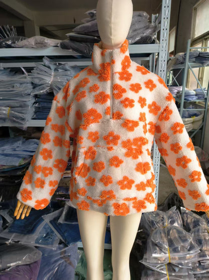 Floral Fleece Drawstring Hooded Pullover