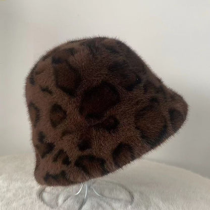 Women Retro Leopard Print Plush Fisherman Hat Warm Sun Hat