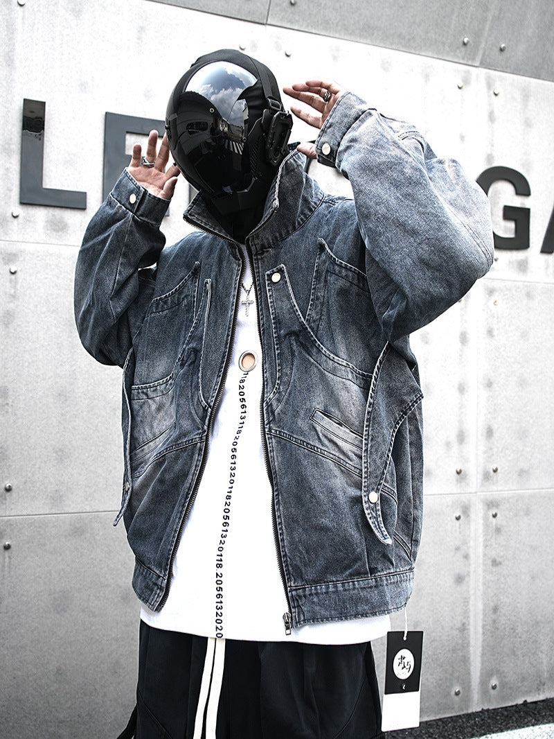 Erabyte Punk Streetwear Denim Jacket in faded blue, oversized fit with unique stitching and pockets, styled with a mask.