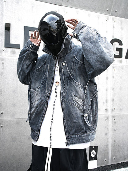Erabyte Punk Streetwear Denim Jacket in faded blue, oversized fit with unique stitching and pockets, styled with a mask.