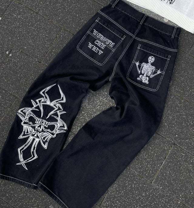 Skull Embroidered Washed Jeans