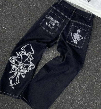 Skull Embroidered Washed Jeans