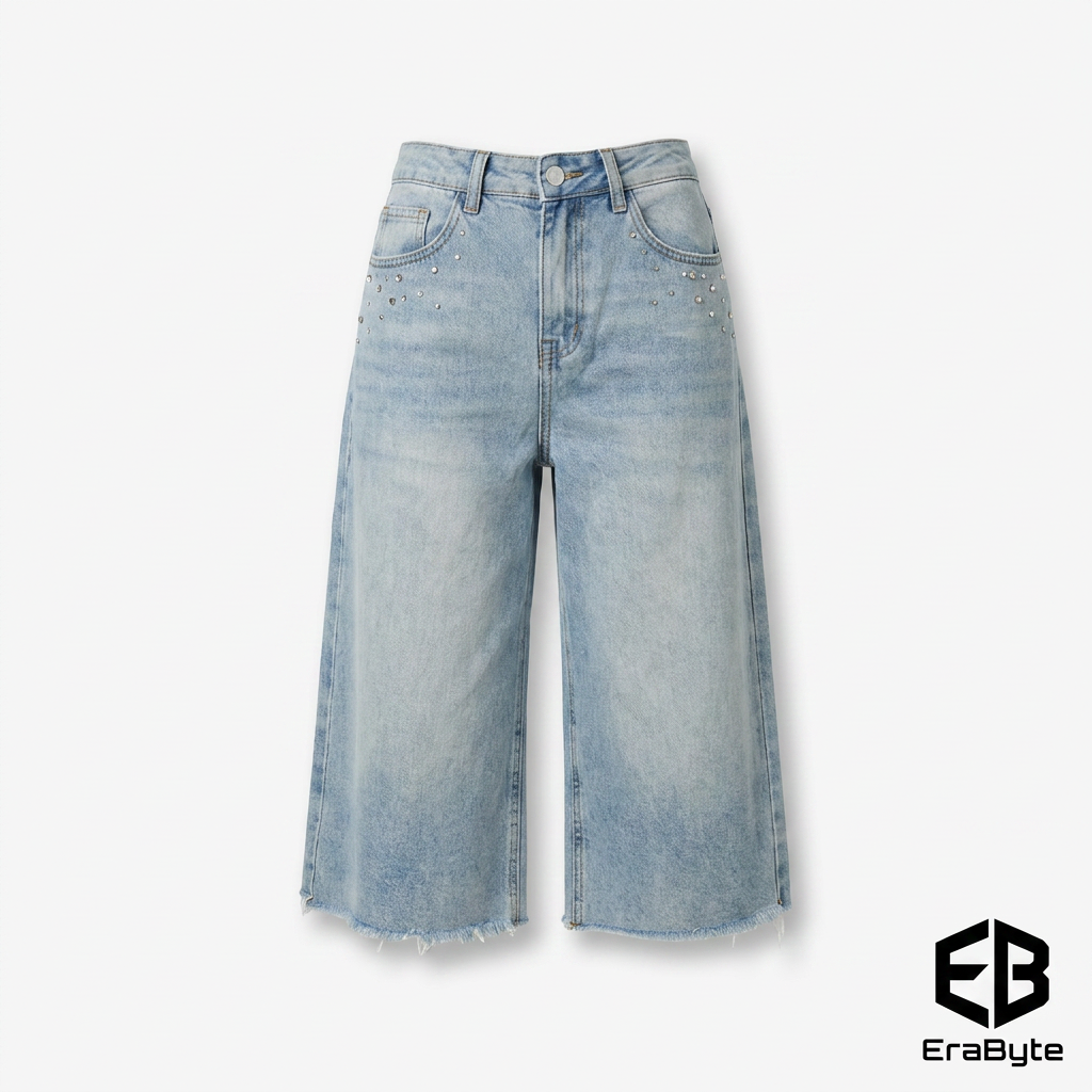 Y2K Rhinestone Frayed-Hem Cropped Jeans