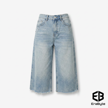 Y2K Rhinestone Frayed-Hem Cropped Jeans