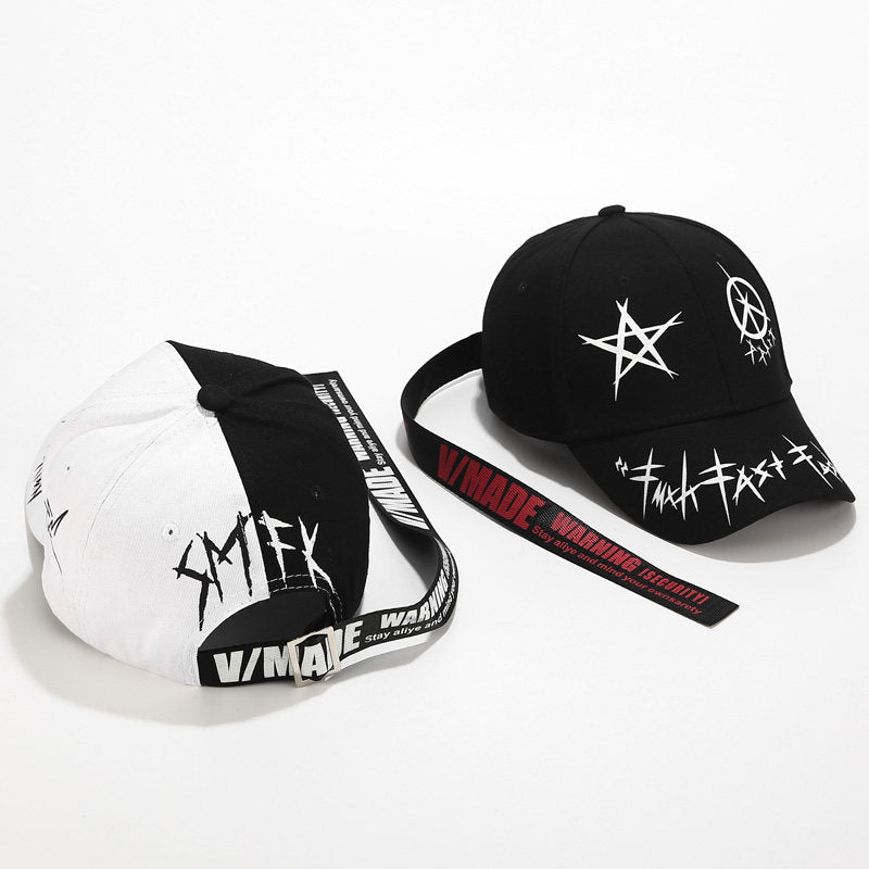 Erabyte Hat Man Baseball Cap features a black and white design with graphic prints and a stylish strap.