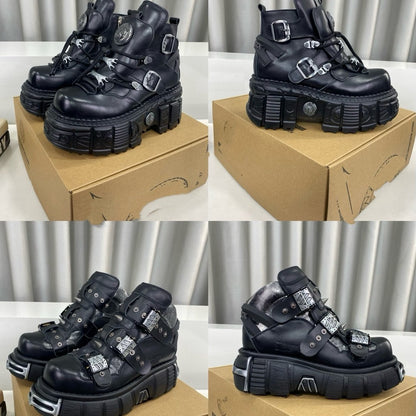 Erabyte Punk Martin Boots for women, featuring a chunky black design with buckles and a thick sole.