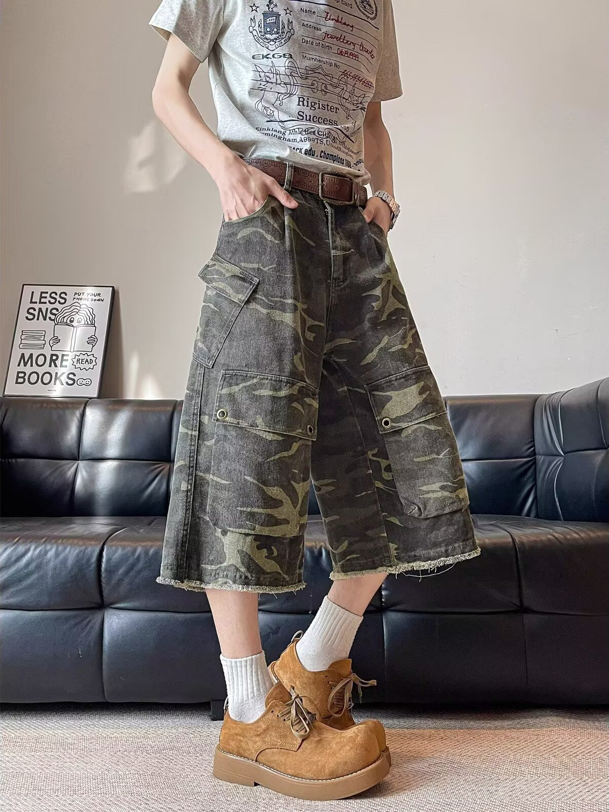 Retro Camouflage Ripped Cropped Jeans
